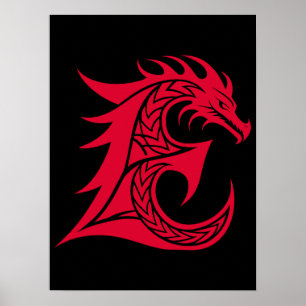 Póster Letra E de estilo dragón, alfabeto de dragón, mono