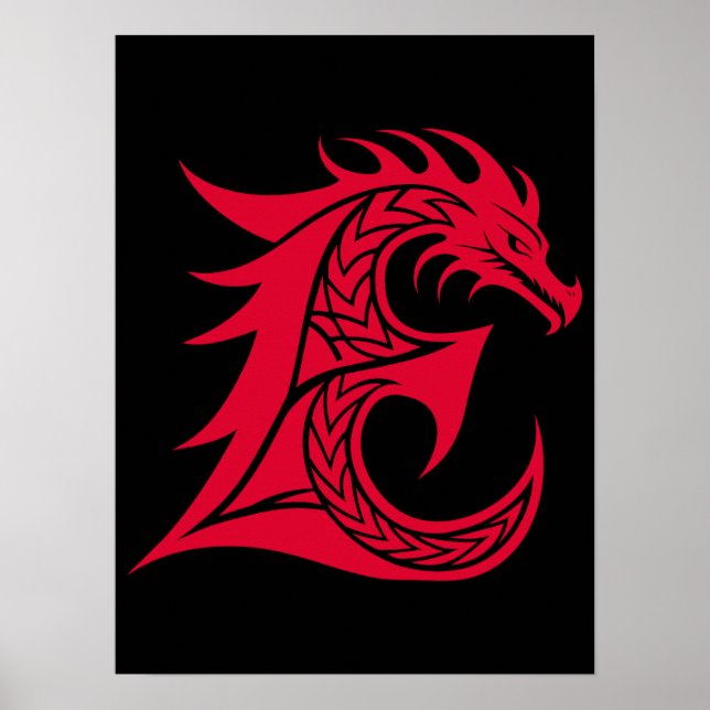 Póster Letra E de estilo dragón, alfabeto de dragón, mono (Frente)