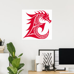 Póster Letra E de estilo dragón, alfabeto de dragón, mono
