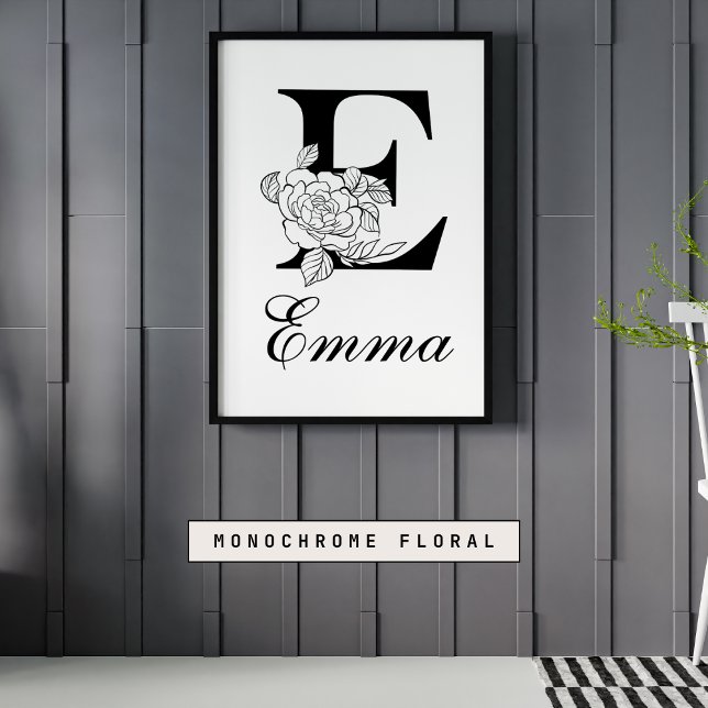 Póster Letra E Floral moderna monograma negro (Subido por el creador)