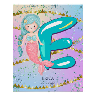 Póster Letra E Monograma Acuarela Cuta Cristales De Siren
