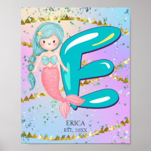 Póster Letra E Monograma Acuarela Cuta Cristales De Siren