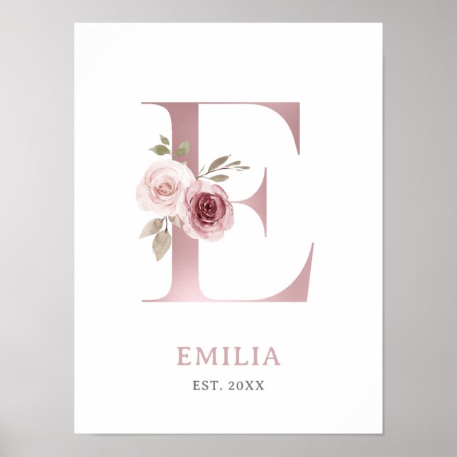 Póster Letra E Monograma Acuarela Rosa Floral Nursera (Frente)