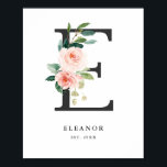 Póster Letra E Monograma Nursera de color de agua para gr<br><div class="desc">Letra E Monograma Poster De Enfermería Floral Peach. Poster monograma E con letra elegante y femenina,  con flores acuarelas y ramo de vegetación. Será un acento personalizado perfecto para guarderías,  dormitorios y otros espacios.</div>
