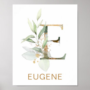 Póster Letra E Monograma Nursera verde y follaje dorado