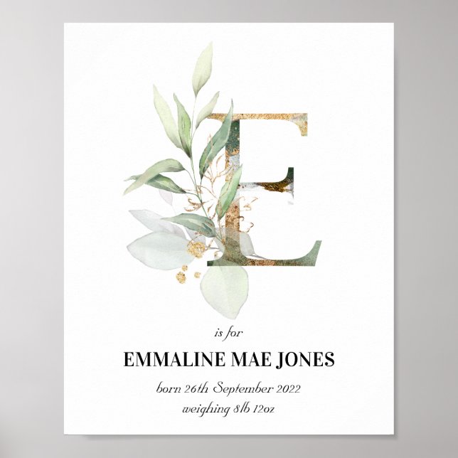 Póster Letra E Recién nacido Monograma Nacimiento Imprimi (Frente)
