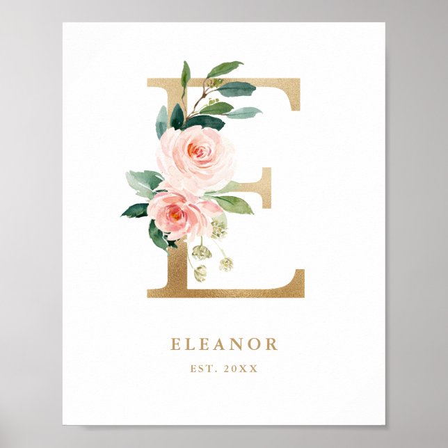 Póster Letra E Rubor Monograma Floral Nursera de Relieve  (Frente)