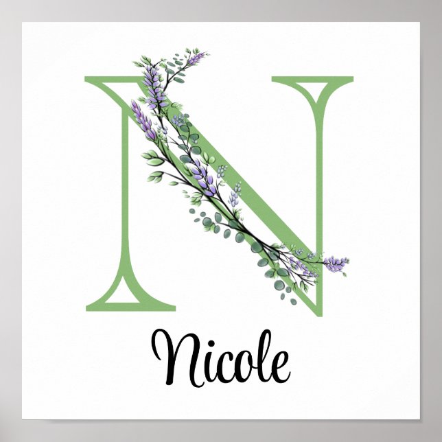 Póster Letra elegante del alfabeto N Lavender Eucalyptus (Frente)