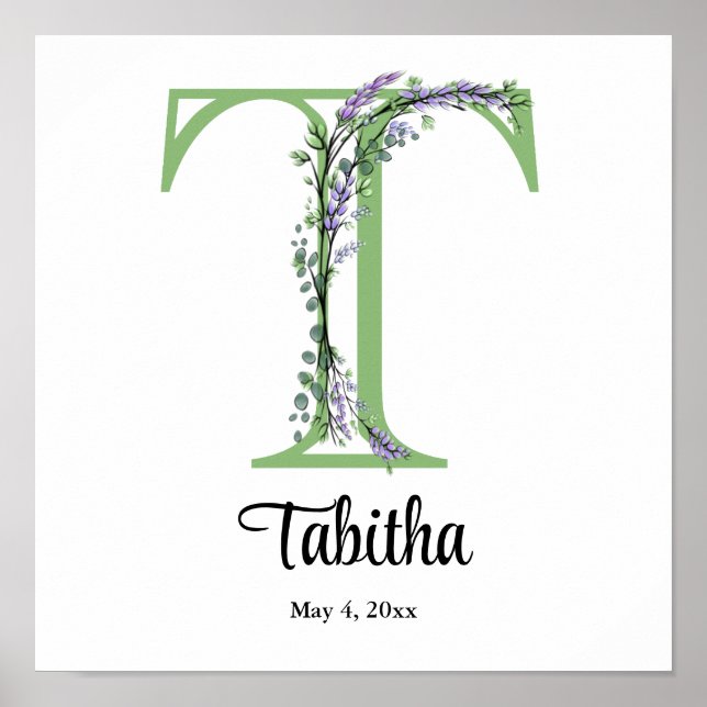 Póster Letra elegante del alfabeto T Lavender Eucalyptus (Frente)