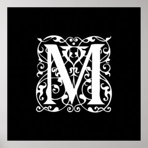 Póster Letra elegante M blanca sobre monograma negro