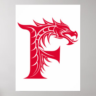 Póster Letra F de estilo dragón, alfabeto de dragón, mono