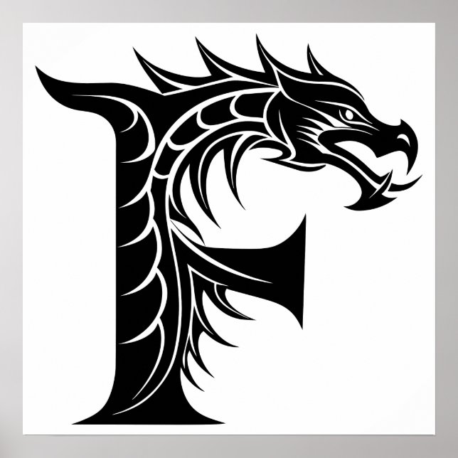 Póster Letra F de estilo dragón, alfabeto de dragón, mono (Frente)
