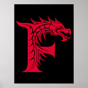 Póster Letra F de estilo dragón, alfabeto de dragón, mono