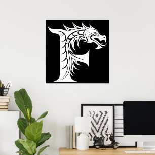 Póster Letra F de estilo dragón, alfabeto de dragón, mono