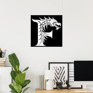 Póster Letra F de estilo dragón, alfabeto de dragón, mono
