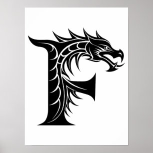 Póster Letra F de estilo dragón, alfabeto de dragón, mono
