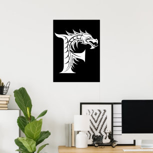 Póster Letra F de estilo dragón, alfabeto de dragón, mono