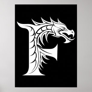 Póster Letra F de estilo dragón, alfabeto de dragón, mono