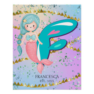 Póster Letra F Monograma Acuarela Cuta Cristales De Siren