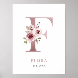 Póster Letra F Monograma Acuarela Rosa Floral Nursera
