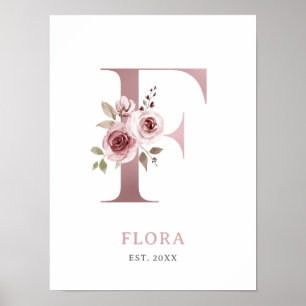 Póster Letra F Monograma Acuarela Rosa Floral Nursera