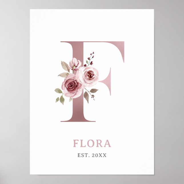Póster Letra F Monograma Acuarela Rosa Floral Nursera (Frente)