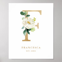 Letra F Monograma blanco Floral Relieve metalizado