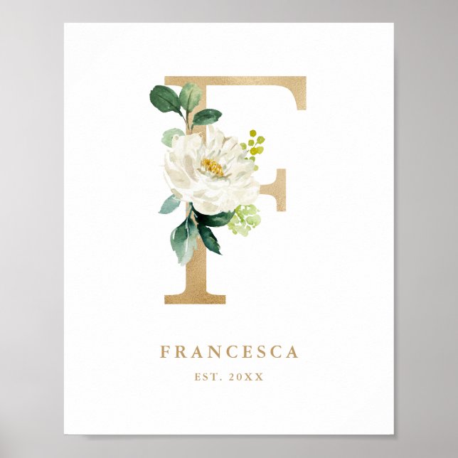 Póster Letra F Monograma blanco Floral Relieve metalizado (Frente)