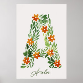 Póster Letra floral A personalizada con flores Naranjas