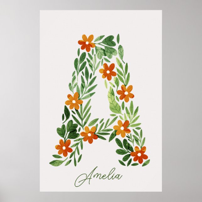 Póster Letra floral A personalizada con flores Naranjas (Frente)