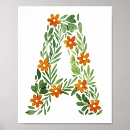 Póster Letra floral A personalizada con flores Naranjas