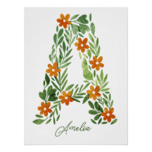 Letra floral personalizada A con flores Naranjas P