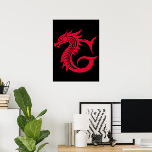 Póster Letra G de estilo dragón, alfabeto de dragón, mono
