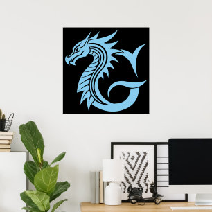Póster Letra G de estilo dragón, alfabeto de dragón, mono