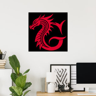 Póster Letra G de estilo dragón, alfabeto de dragón, mono