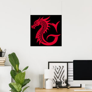 Póster Letra G de estilo dragón, alfabeto de dragón, mono