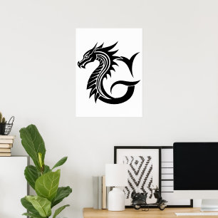 Póster Letra G de estilo dragón, alfabeto de dragón, mono