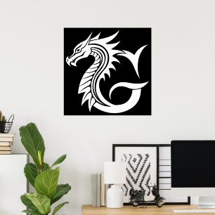 Póster Letra G de estilo dragón, alfabeto de dragón, mono