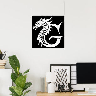 Póster Letra G de estilo dragón, alfabeto de dragón, mono