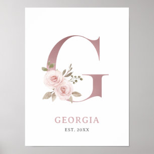 Póster Letra G Monograma Acuarela Rosa Floral Nursera