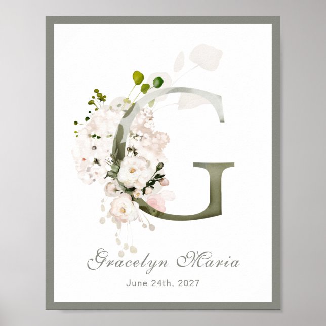 Póster Letra G Monograma Nursera Floral Blanca Rosa (Frente)