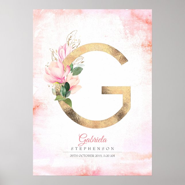 Póster Letra G Monograma Oro Salta Magnolia Rosa Floral (Frente)