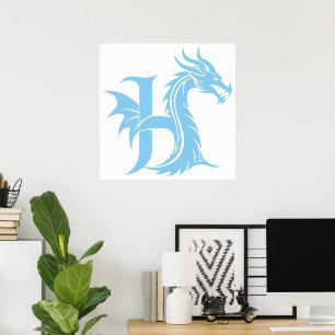 Póster Letra H de estilo dragón, alfabeto de dragón, mono
