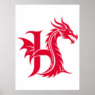 Póster Letra H de estilo dragón, alfabeto de dragón, mono