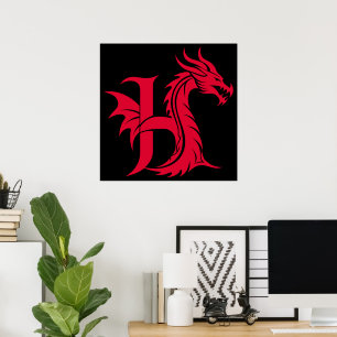 Póster Letra H de estilo dragón, alfabeto de dragón, mono