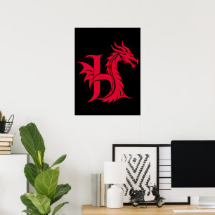 Póster Letra H de estilo dragón, alfabeto de dragón, mono