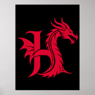 Póster Letra H de estilo dragón, alfabeto de dragón, mono
