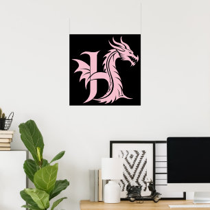 Póster Letra H de estilo dragón, alfabeto de dragón, mono
