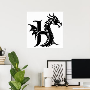 Póster Letra H de estilo dragón, alfabeto de dragón, mono