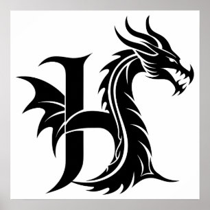 Póster Letra H de estilo dragón, alfabeto de dragón, mono
